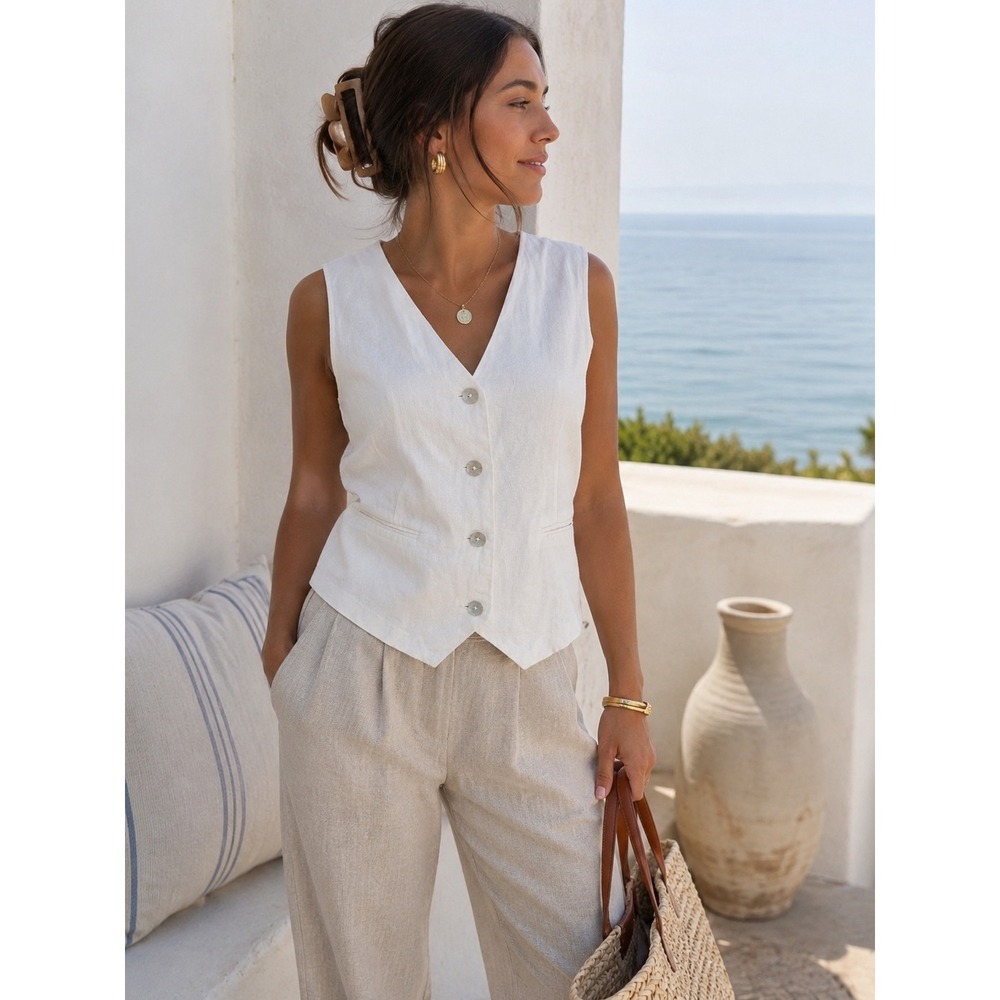 Marc New York Jeans White Linen Blend Button Front Vest Large coastal preppy